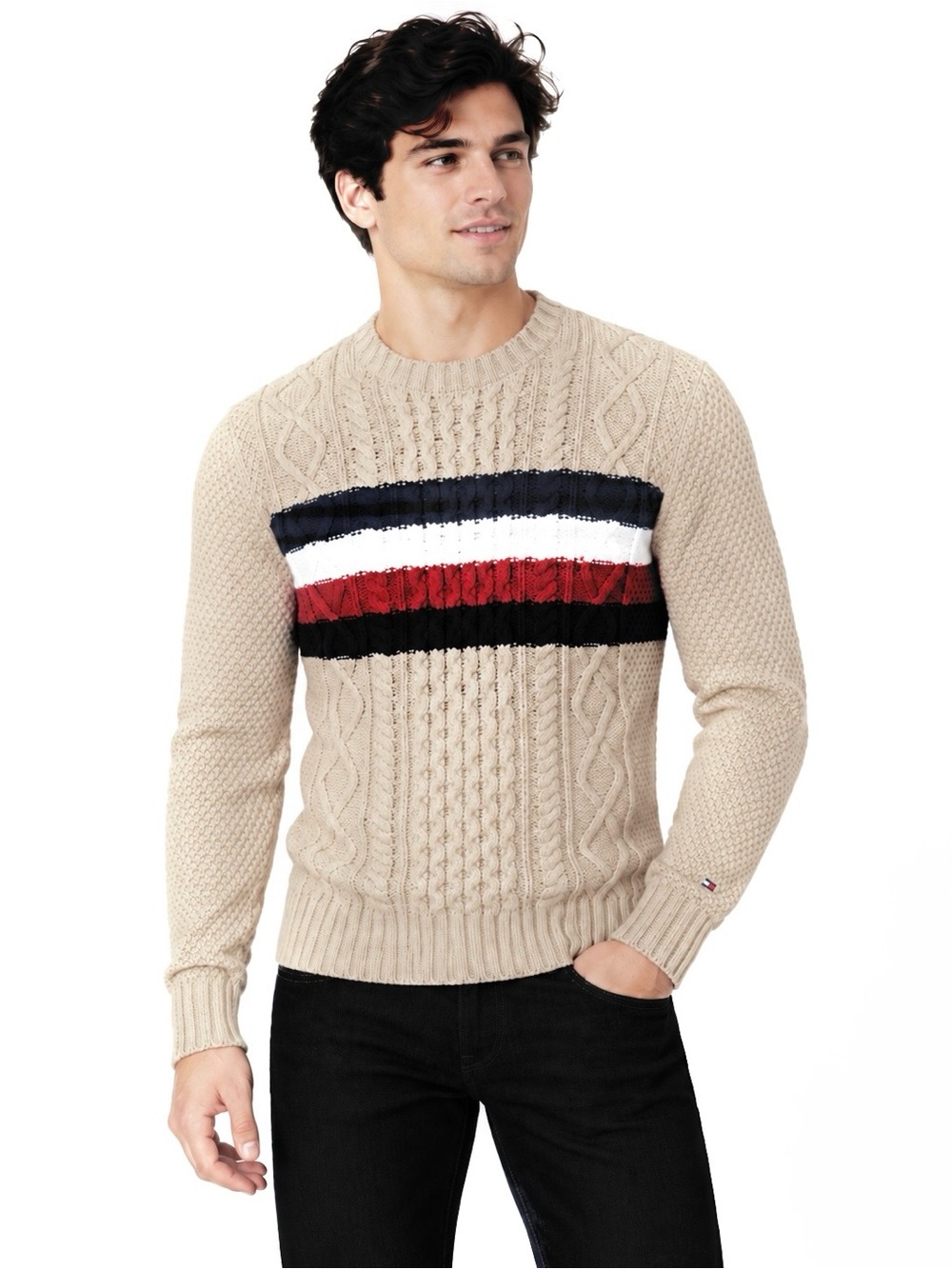 Tommy Hilfiger Cable Knit Sweater - Beige, Red, and Navy Excellent Condition SM